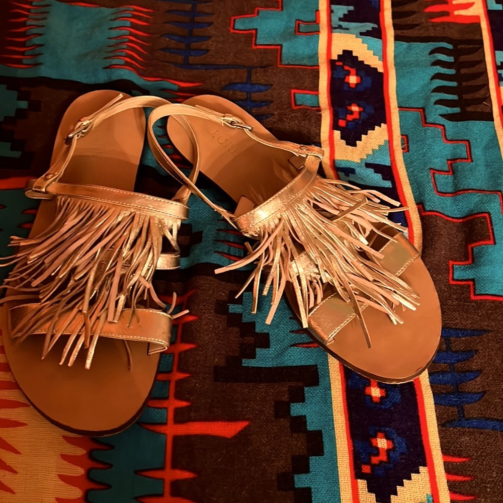 J.Crew Gold Metallic Leather Fringe Sandals Size 8.5